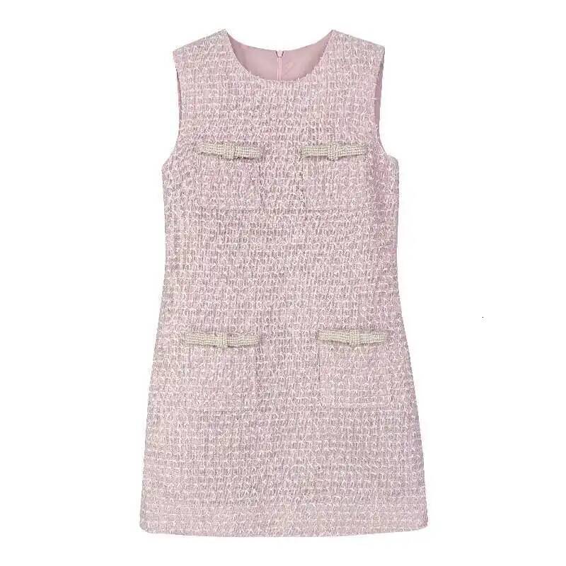 Short Tweed Dress Women's Pink Tank Pearl Bow Pocket Prom Party Vestido Mini Robe Tassels Sweet Evening Dresses dongdumaoyi