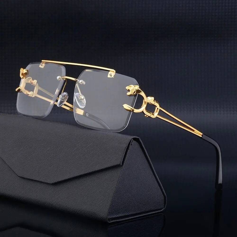 Steampunk Rimless Square Sunglasses Men 2025 Brand Designer Gold Lion Decoration Sun Glasses for Women Vintage Eyewear