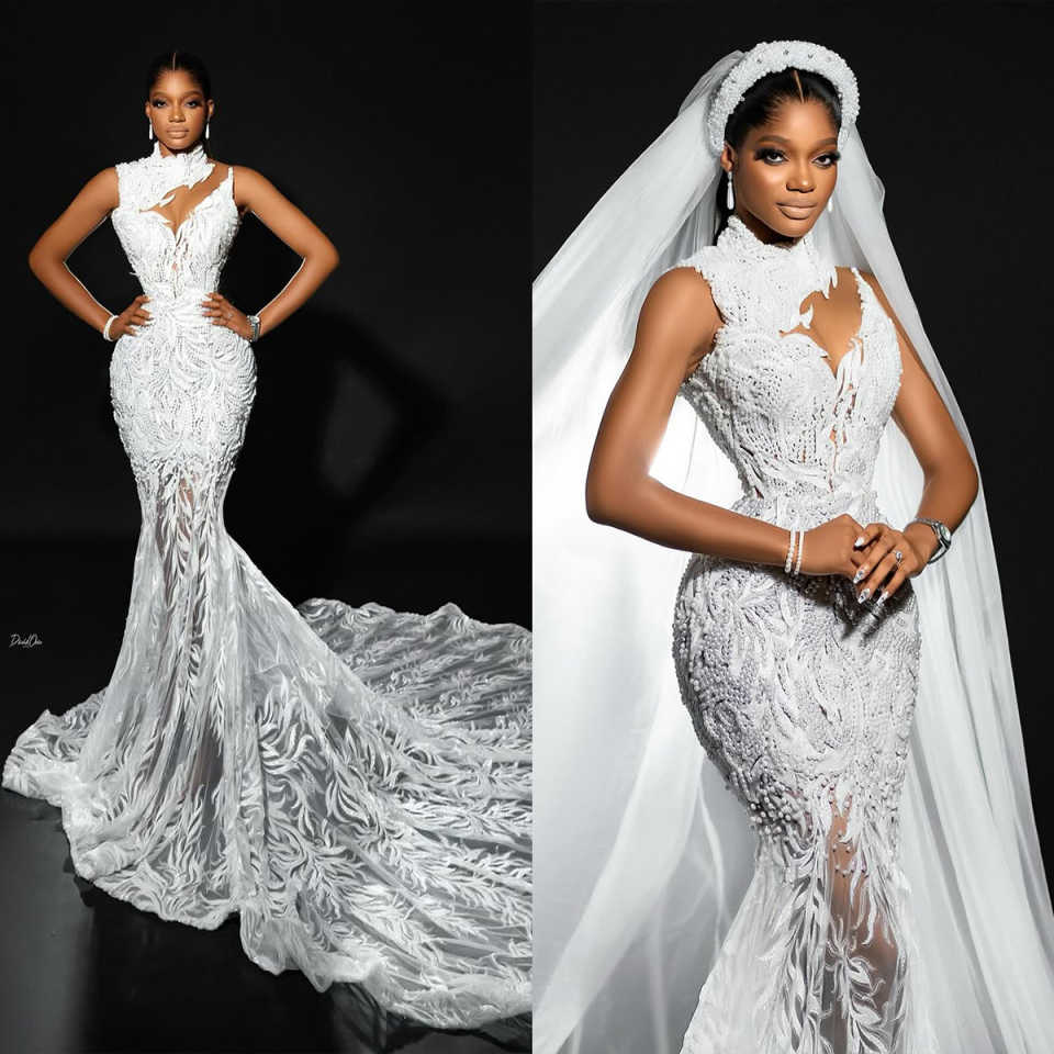 Luxurious High Neck Pearls Wedding Dresses Sleeveless Beading Lace Mermaid Bridal Gown Customized Sweep Train vestidos de novia