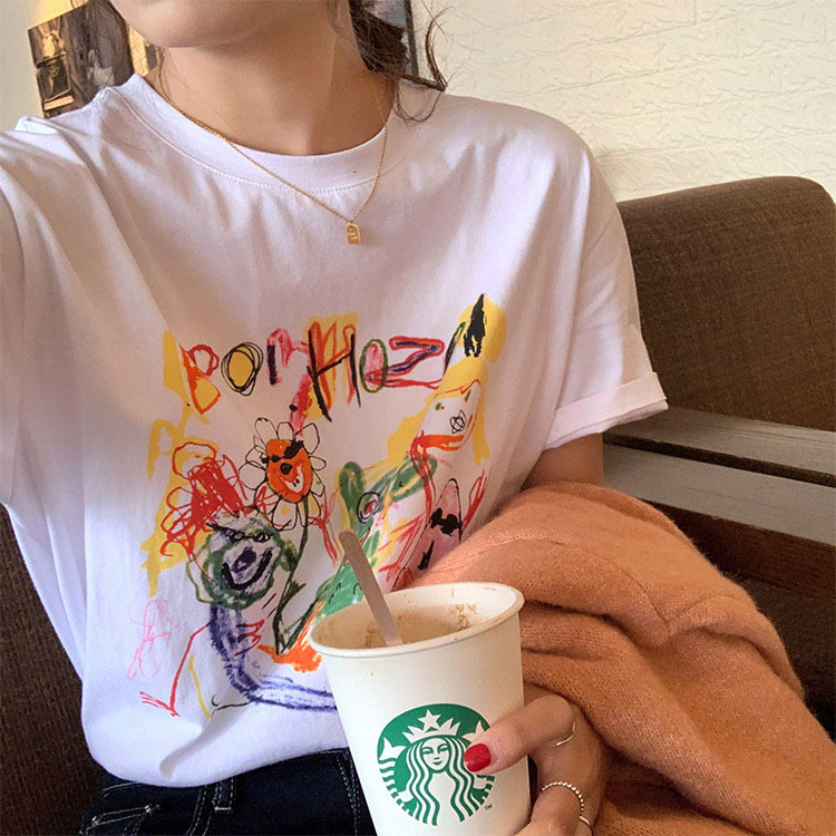 2025 summer new Korean style loose cotton short sleeved T-shirt for women, graffiti printed casual versatile top, base shirt, fashionable new designer