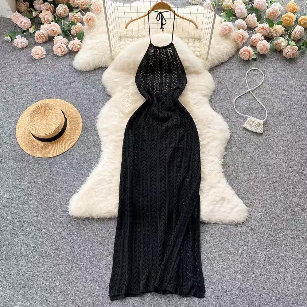 Ladies temperament hanging neck sleeveless hollow knit dress female slim split holiday skirt