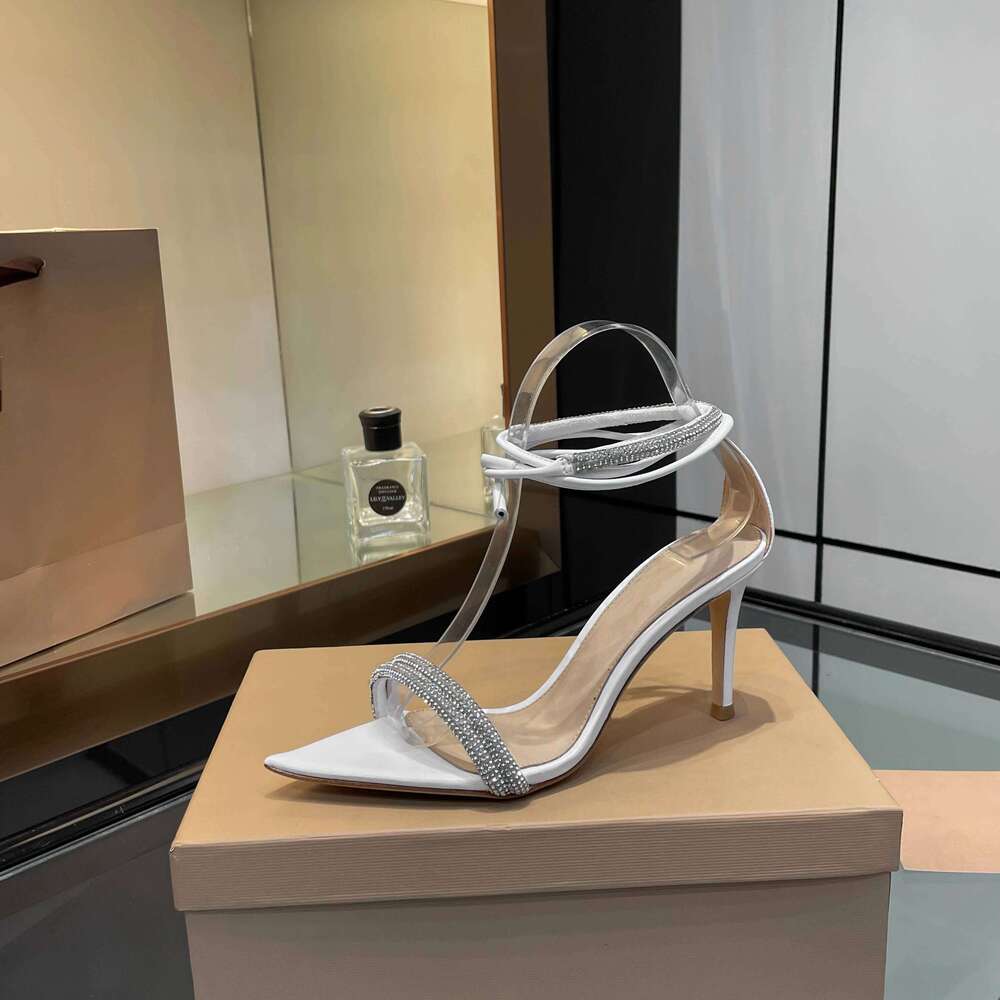 New Women Size35-43 Genuine Leather Crystal Sandals Super High Heels Pumps Ankle Strap Designer Shoes Zapatillas De Mujer 0be