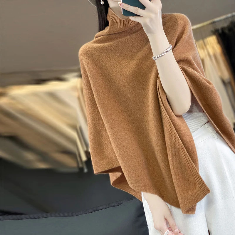 Turtleneck Cashmere Poncho Pullover Shawls 100%Wool Knitted Irregular Cloak Fashion Soft Warm Wollen Bat Sleeve Loose Pullovers 250729