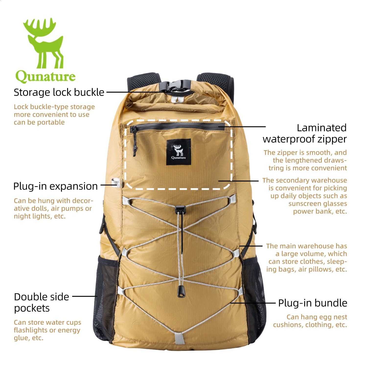Qunature Backpack Folding Hiking Bag Portable Lightweight Travel Double Shoulder Storage Lock Buckle Wearresistant y250729