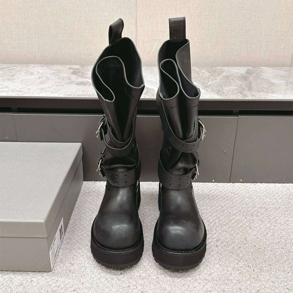 Women Size35-45 Genuine Leather Couple Med Heels Knee High Boots Flat Platform Designer Shoes Zapatillas De Mujer 112