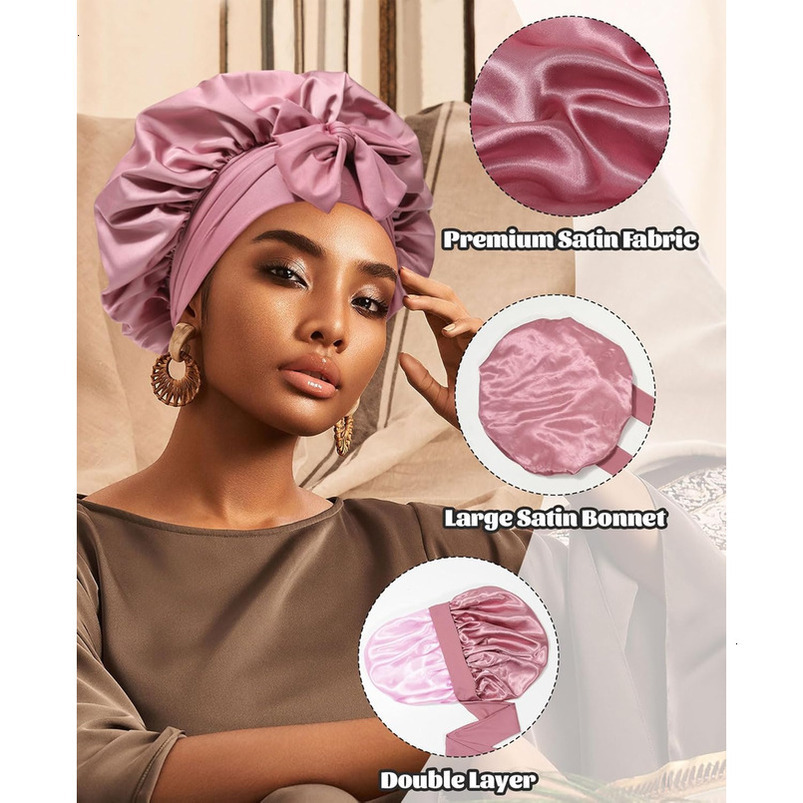 Satin Sleeping Silk Sleep Double Layer Bonnet with Elastic Tie Band for Curly Hair Night Cap (Bean Paste + Pink)