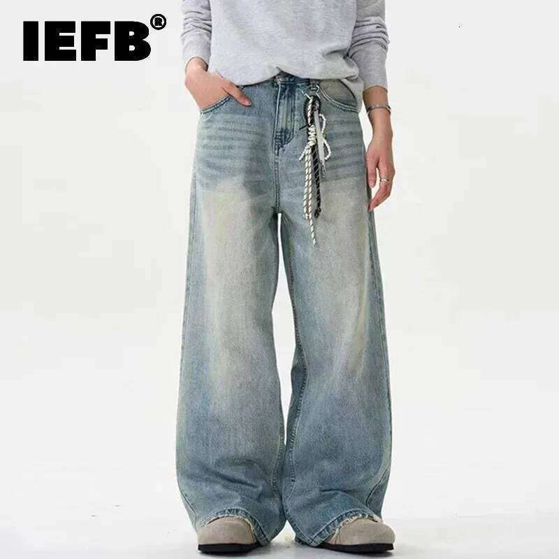 Distressed Jeans Solid Color Washing Summer Men Trousers Loose Wide Leg Casual Straight Moustache Effect Male Bottom