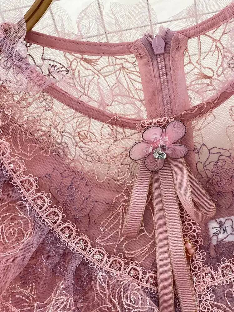 Autumn Flower Embroidery Mesh Patchwork Sequined Tweed Dress Women Ruffled Petal Sleeve Bow A Line Short Party Dresses dongdumaoyi