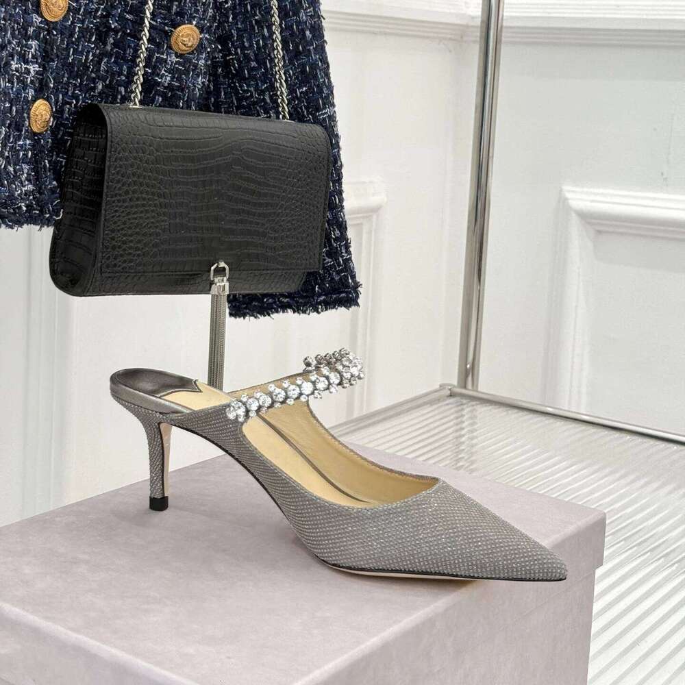 Women Size34-42 Genuine Leather Crystals Mules High Heels Slippers Pointed Toes Slides Designer Shoes Zapatillas De Mujer 371