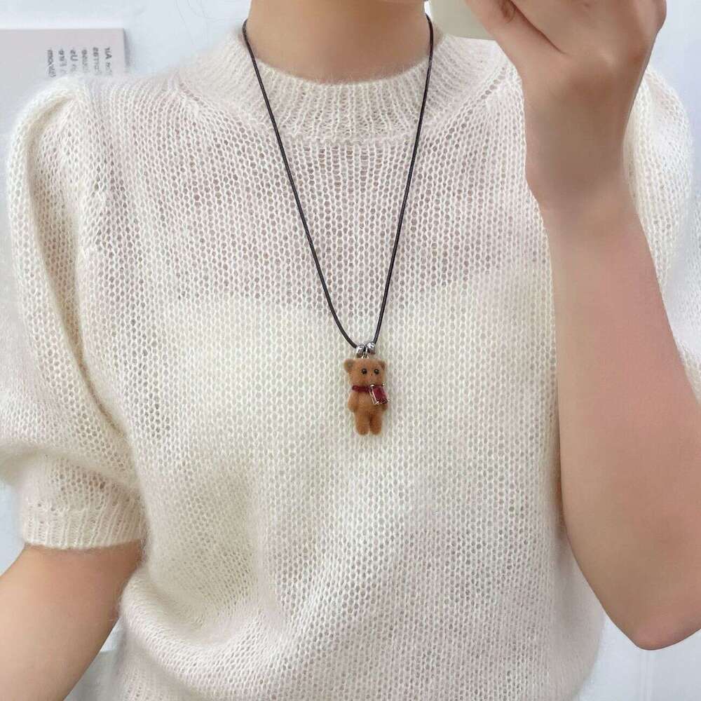 Cute Flocked Bear Sweater Chain New Niche Design Sense Autumn Winter Long Versatile Fun Cartoon Soft Adorable Necklace 068