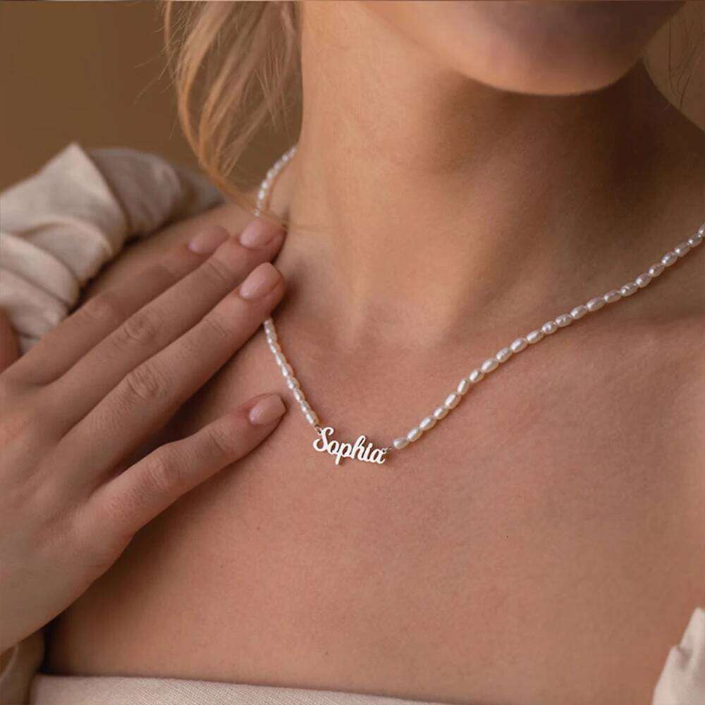 eManco Women's Freshwater Pearl Diy Monogrammed Collarbone Chain Stainless Steel Customized English Name Necklace Factory direct