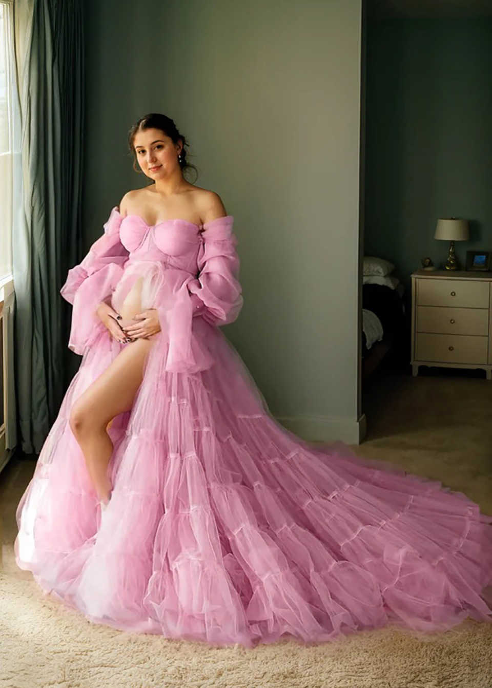 Multi-layer Maternity Dresses For Photoshoot Tulle Strapless Long Sleeves Wedding Bridal Sleepwear BabyShower Gown Customized