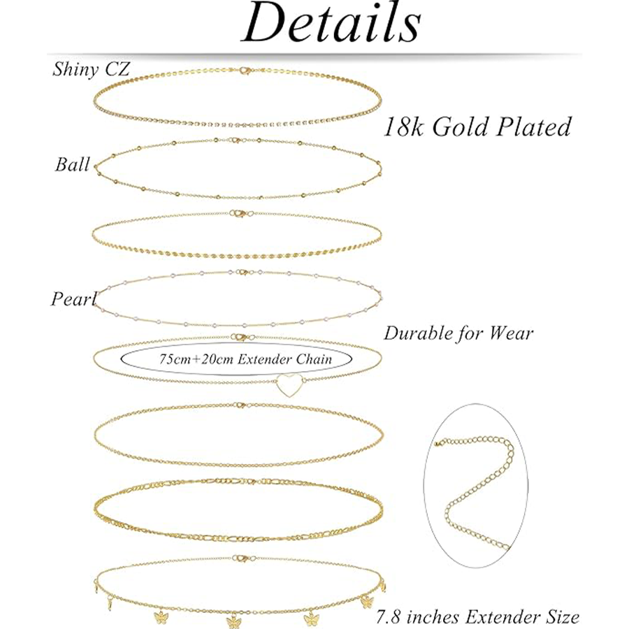 Adjustable 8Pcs Waist Belly Chain 18K Gold Plated CZ Heart Pearl Butterfly Bead Sequin Paperclip Belly Chain Summer Beach Sexy Body Chains Women Jewel