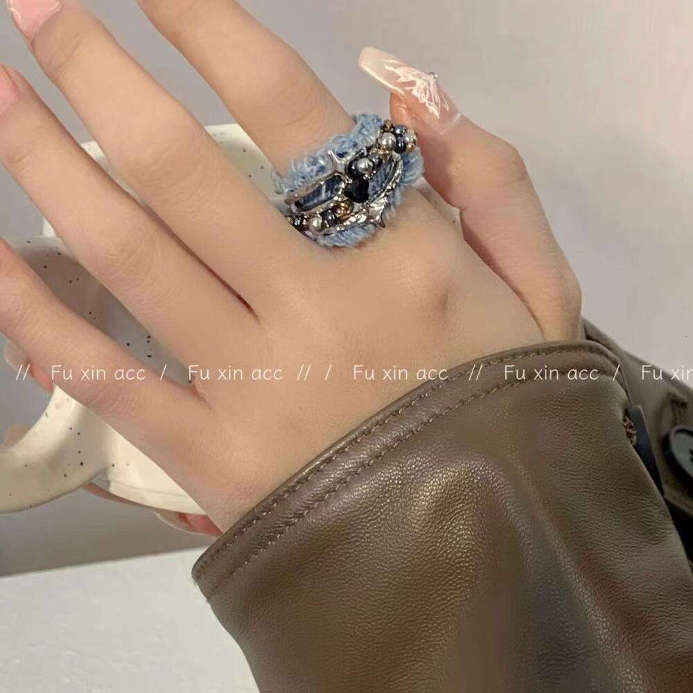Denim Cross Three-Layer Bead Open High Street Fashion Niche Design High-End Index Finger Ring f18