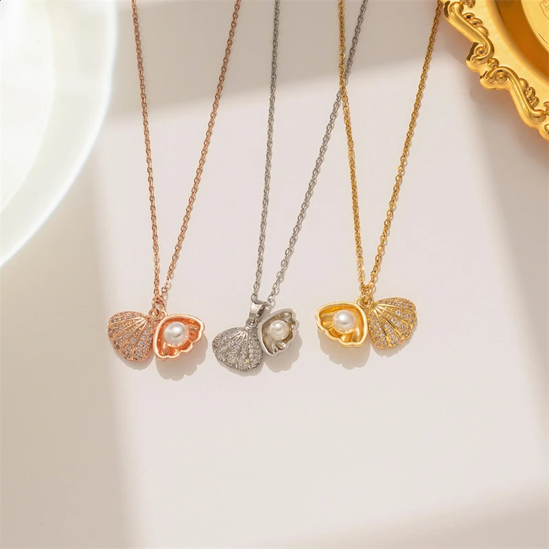 Summer Fashion Crystal Zircon Shell Pearl Pendant Necklace For Women Collar Beach Neck Jewelry 250716