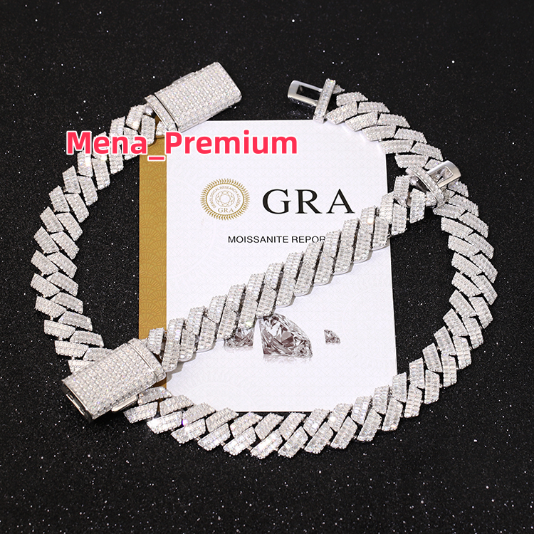 Yu Ying Gems Jewelrys 20mm Wide Full Baguette Moissanite Diamond 925 Sterling Silver Necklace with Cuban Chain