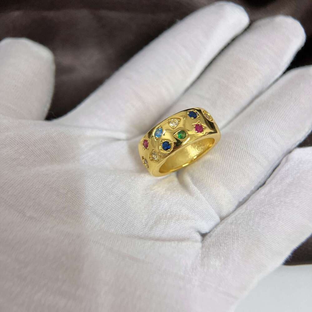 Korean Band Colorful Zircon Star Wide Face Inlaid Diamond Closed for Women Internet Celebrity Ins Style Ring