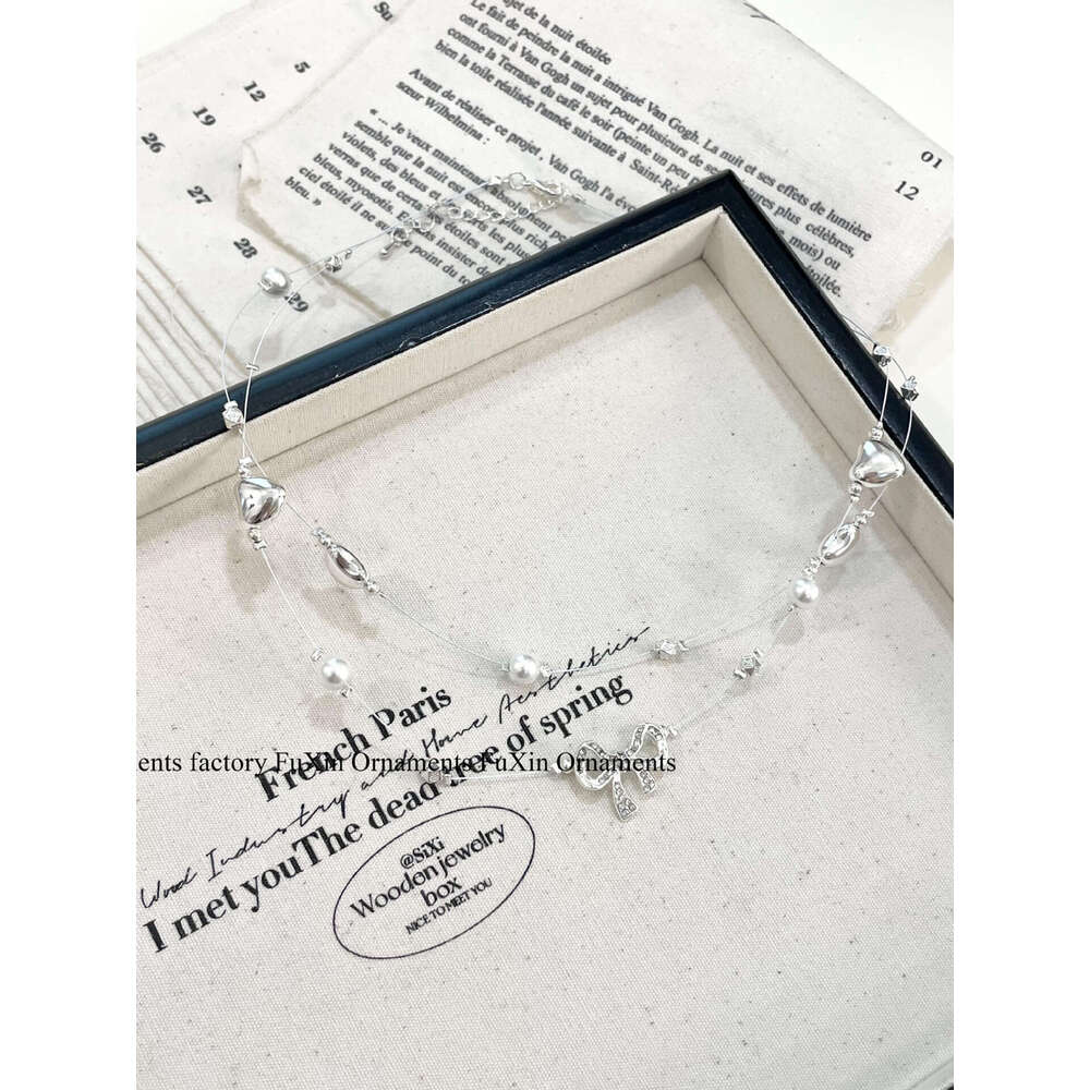 Super Fairy Sweet Starry Heart Pearl Necklace Fashionable Temperament Design High-end Clavicle Chain Bowknot f8d