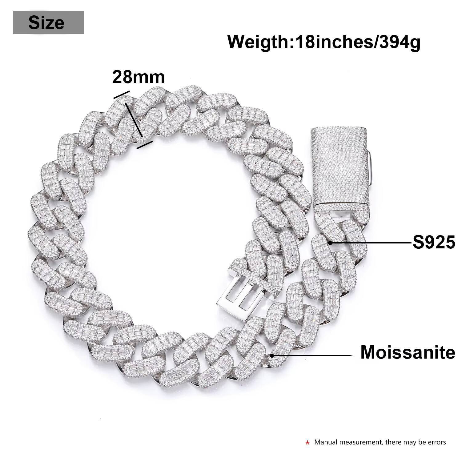 Big Guy 28mm Baguette Moissanite Cuban Link Chain 925 Sterling Silver VVS Lab Diamond Iced Out Hip Hop Jewelry Cuban Necklace