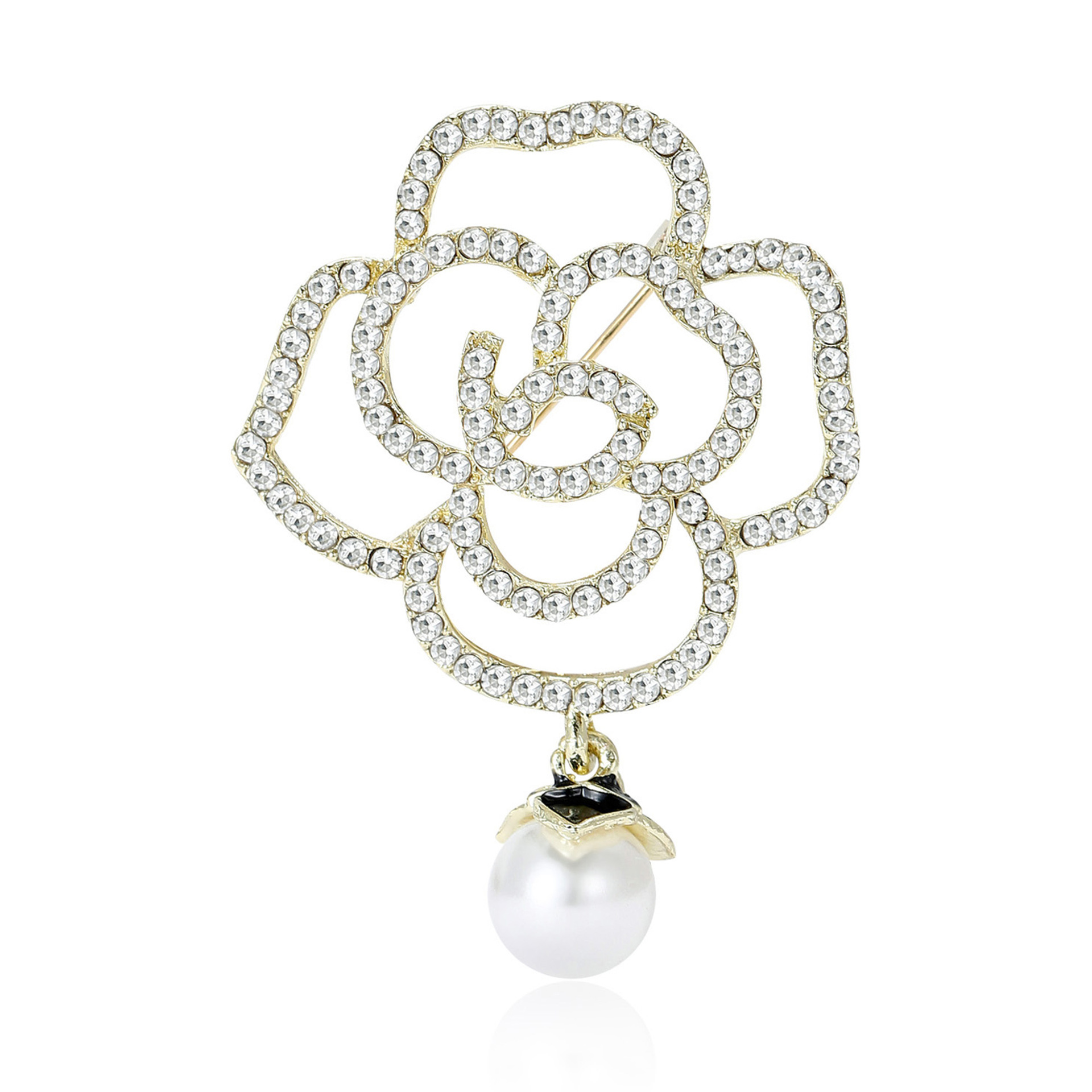 Gold Tone Rhinestone - Encrusted Openwork Rose Brooch With Pearl Drop Accent Elegant Party Jewelry And Gift For Her High Quality And Stylish Jewelry