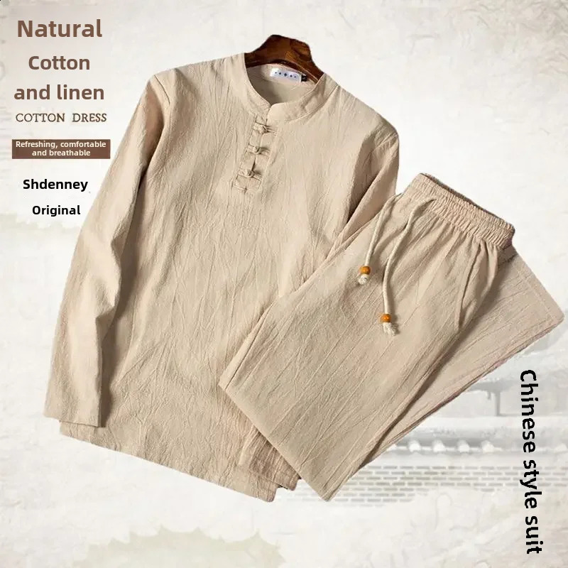 Mens Loose-fit Linen Suit for Middle-aged and Senior Citizens Long Sleeve Spring Autumn Trousers Father-Son Style Cotton Linen Suit 250725