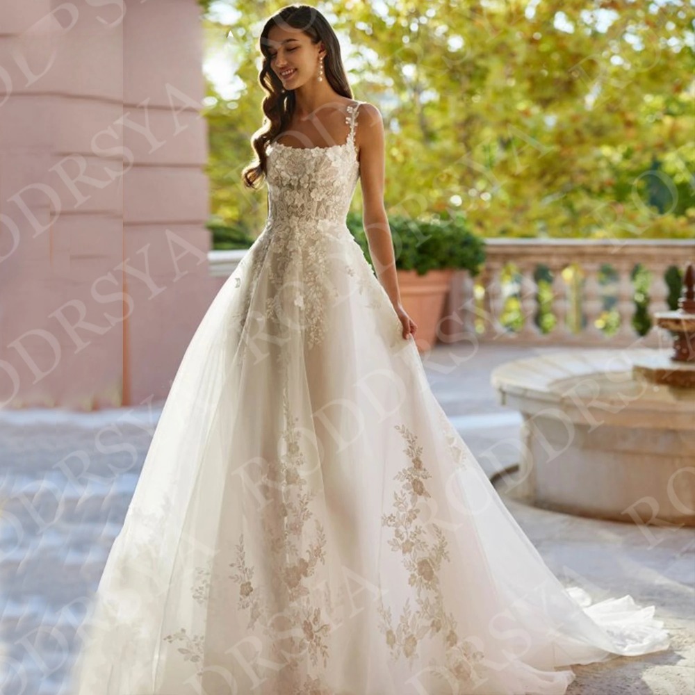 A Line Wedding Dresses Elegant Tulle Lace Applique Spaghetti Straps Square Collar Bridal Gowns Customized vestidos de novia 2025