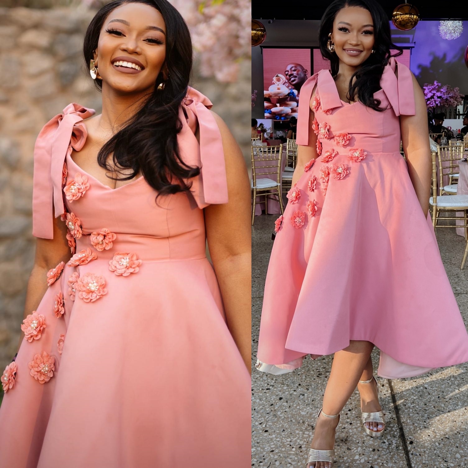 Pink A-line Evening Dresses Spaghetti Flowers Satin Tea Length Prom Formal Party Second Birthday Engagement Gowns Plus Size Dress For Special Occasion