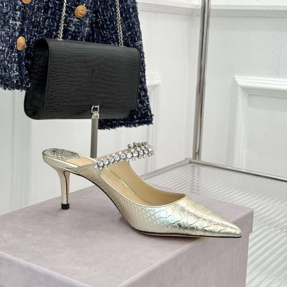 Women Size34-42 Genuine Leather Crystals Mules High Heels Slippers Pointed Toes Slides Designer Shoes Zapatillas De Mujer 371