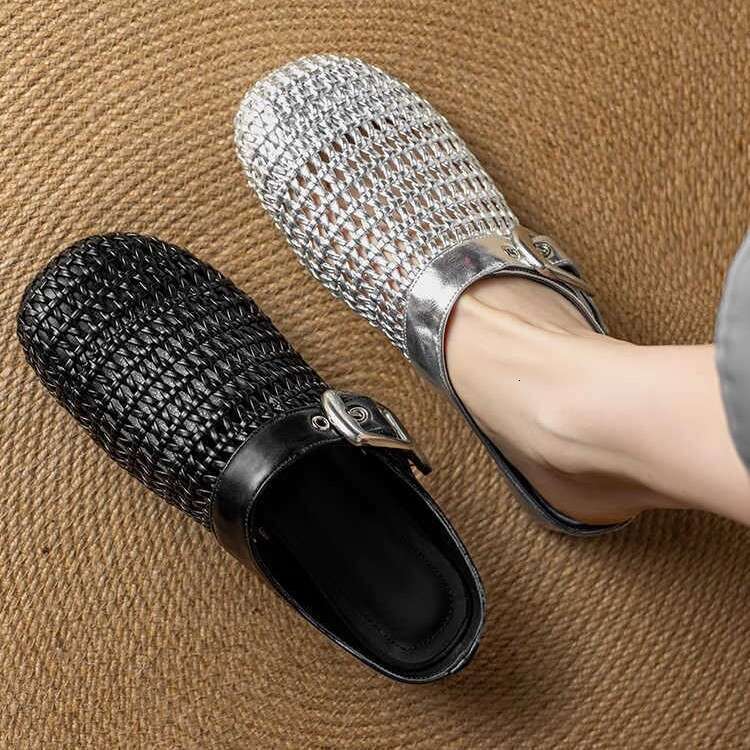 2.5cm High-End Genuine Leather Closed-Toe Mules 2025 New Spring Summer French Style Round-Toe Outdoor Flat Sandals for Women