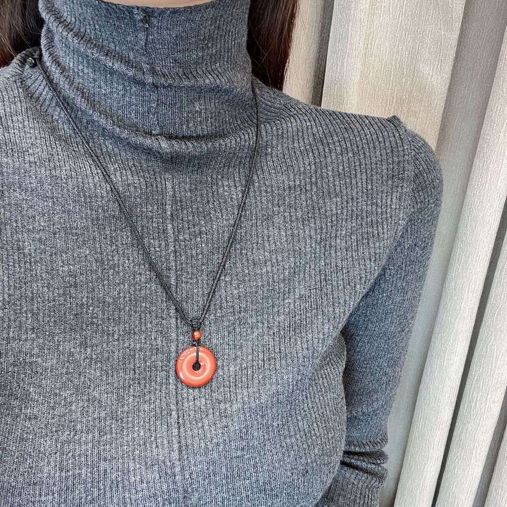 Natural Cinnabar Buckle Pendant for Men and Women, Birth Year Original Mineral Purple Gold Sand Red Rope Sweater Chain Peace Necklace 906