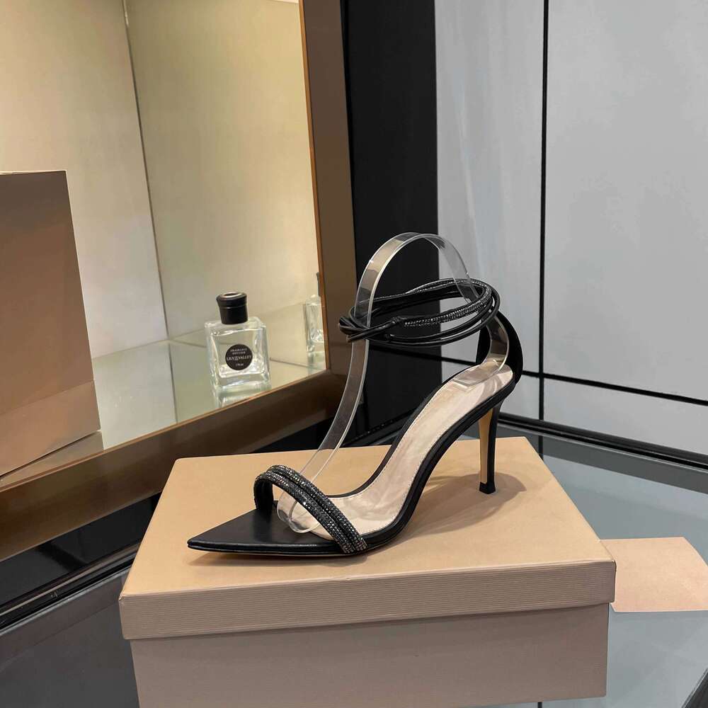 New Women Size35-43 Genuine Leather Crystal Sandals Super High Heels Pumps Ankle Strap Designer Shoes Zapatillas De Mujer 0be