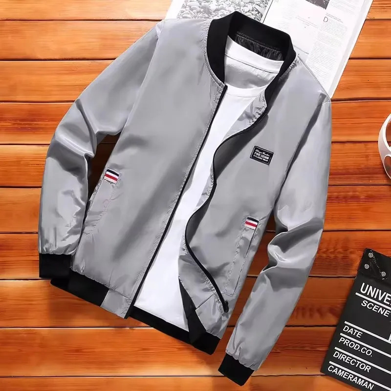 Mens Casual Long Sleeve Zipper Baseball Collar Bomber Jacket Chic And Trendy Regular Fit Windbreaker For Spring 250730
