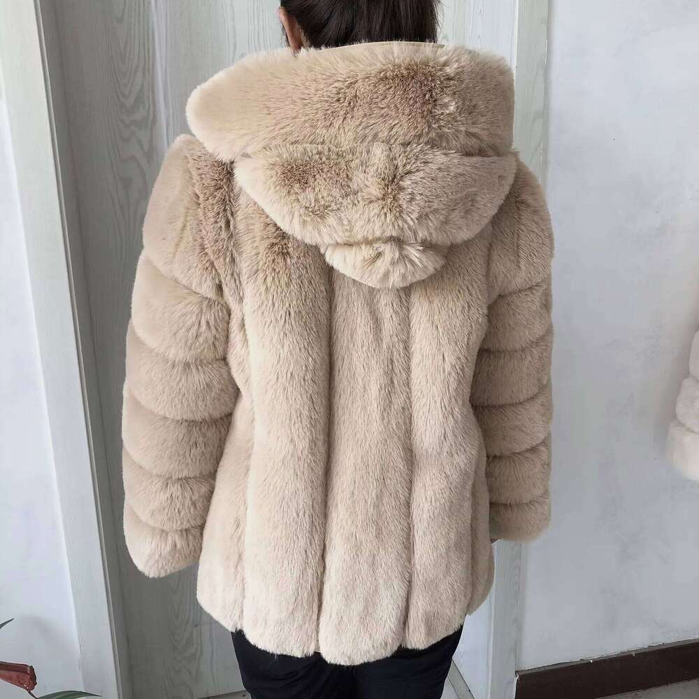 LHXDW Women's faux fur hooded coat winter warm fashion hooded fur jacket imitation fox fur fluffy coat women's clothing