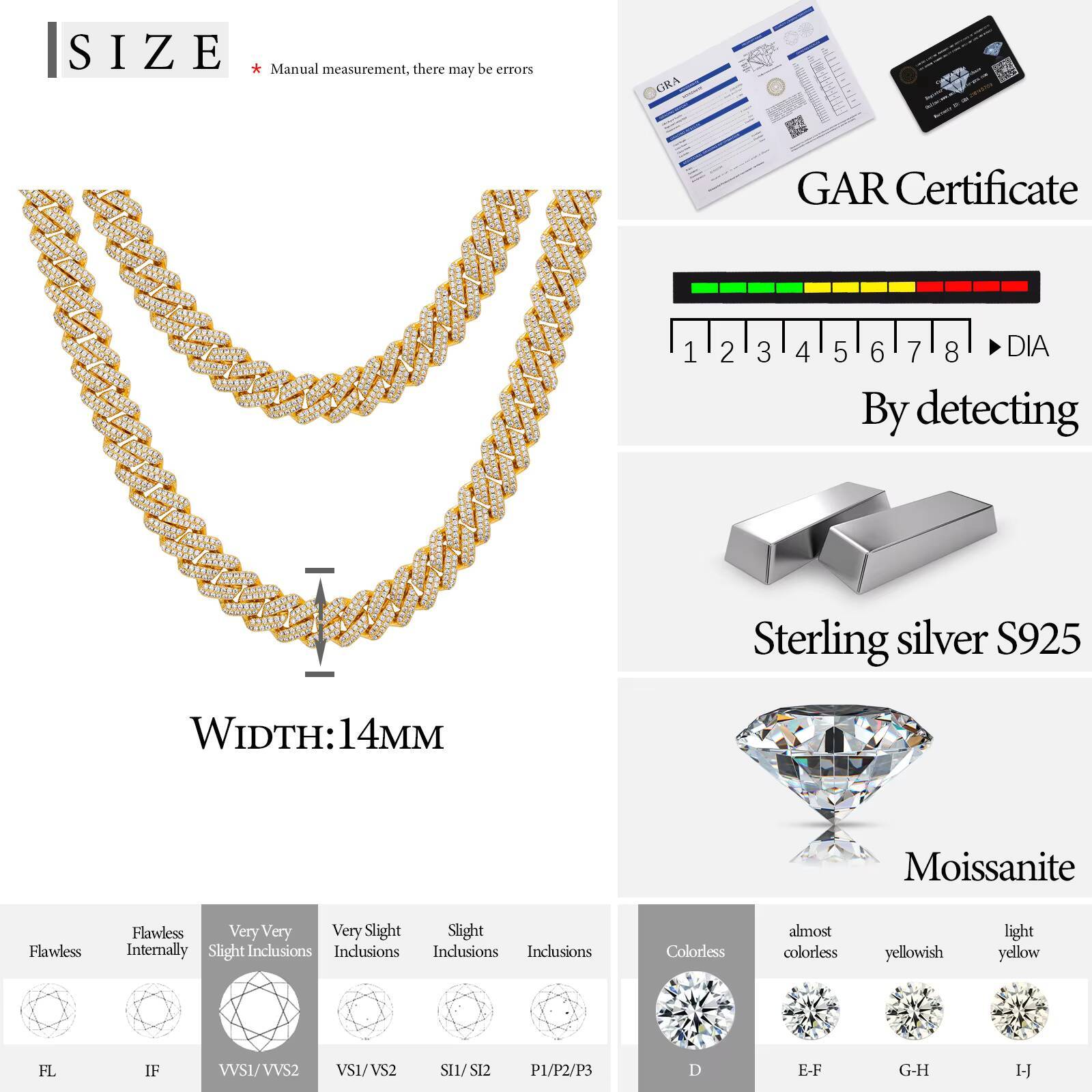 Hip Hop Jewelry 14mm 925 Sterling Silver VVS Moissanite Diamond Iced Out Miami Cuban Link Chain Bracelet Necklace