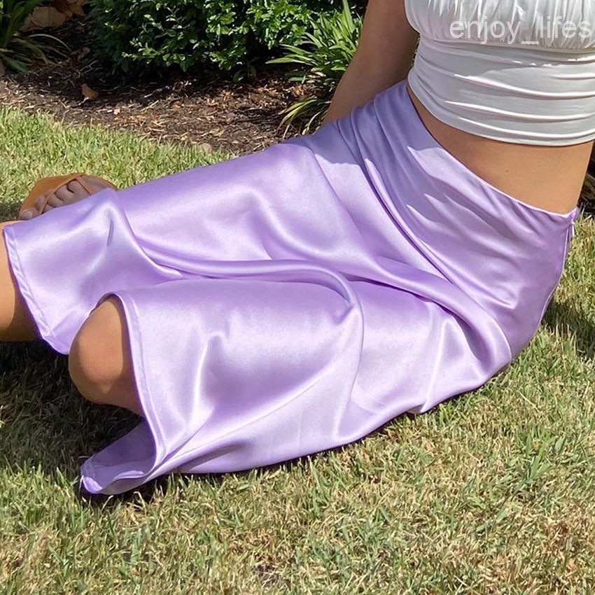 Skirts Summer Solid Purple Satin Silk Skirt Women High Waisted Summer Long Skirt New Elegant Ladies Office Skirts Midi Spring