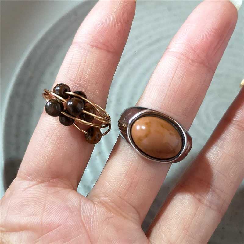 New Fashion Vintage Brown Spotted Tiger Eye Stone Rings For Women Silver Color Irregular Round Open Ring Aesthetic Jewelry Gift y250730