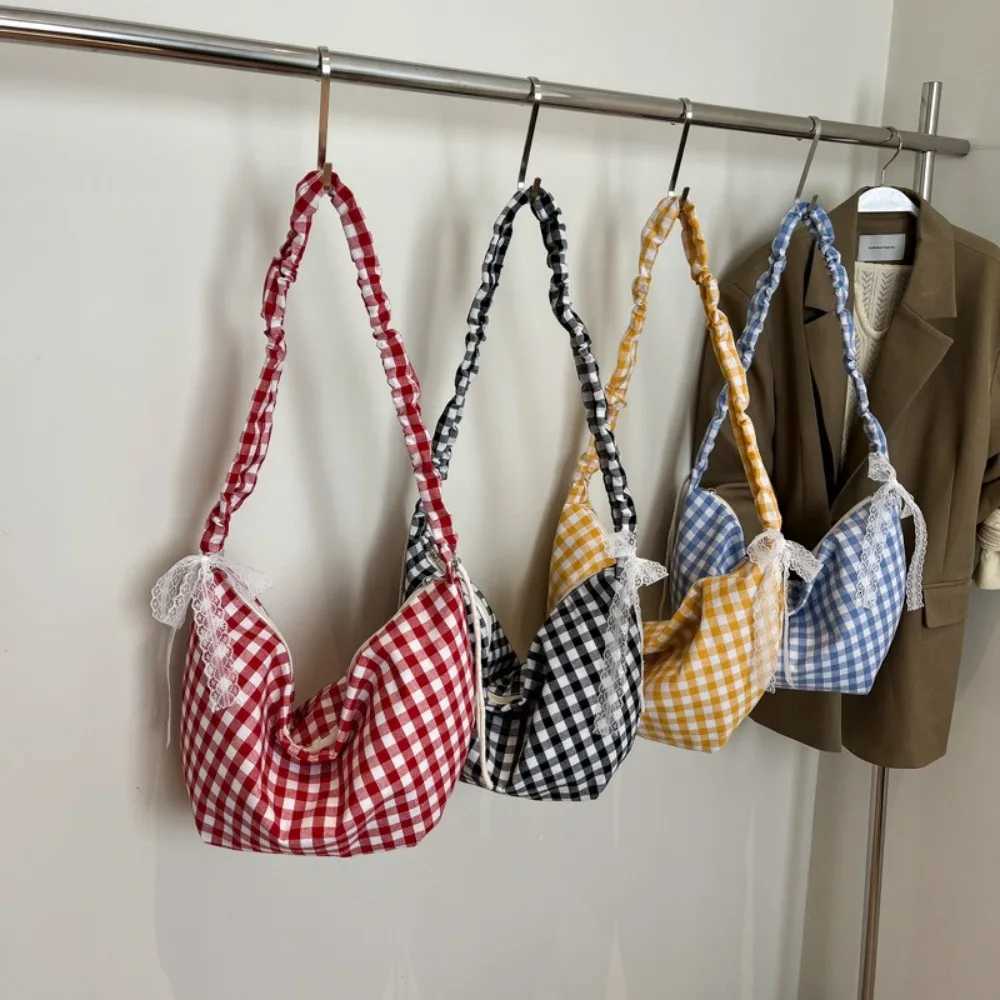 Casual Korean Hobos Shoulder Bag Half Moon Large Capacity Crossbody Bag Plaid Canvas Handbags Women Y250730