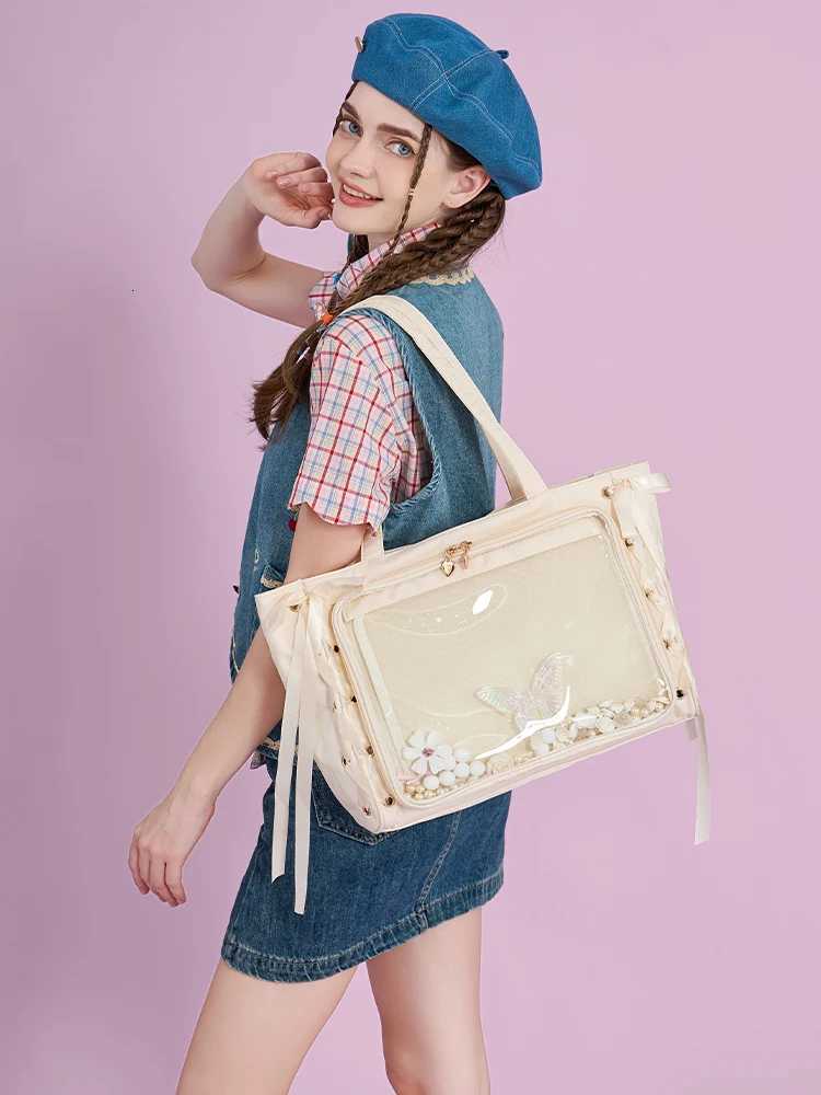 Japanese Large Capacity Satin Ribbon Ita Bag Sweet Anime Transparent Tote Bag Lolita Shoulder Bags Clear Pvc Handbags Y250730
