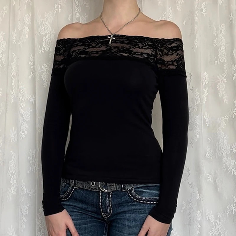 BIIKPIIK Black Lace Patchwork Long Sleeve Tshirts Women Casual Sexy Slash Neck Slim Fit Tops Concise Allmatch Lady Tees Autumn 250730