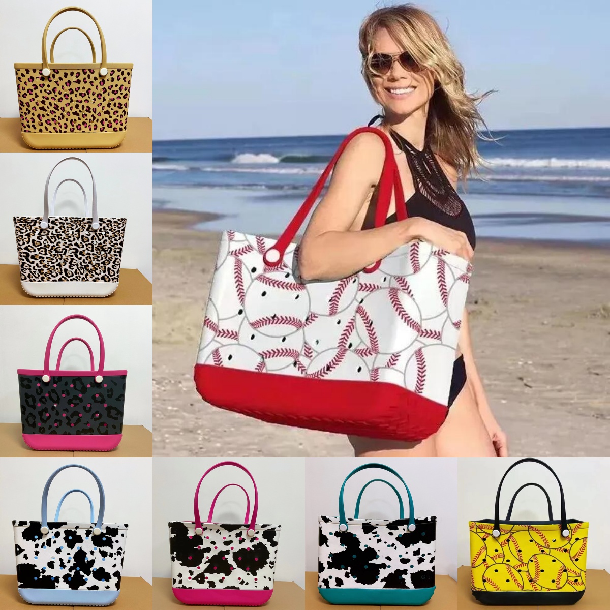 US STOCK Fashion Women Summer Beach Bags XL Silicone Designer Custom Tote Bags Cow Leopard Print Plastic Rubber Waterproof Beach Bags Storage Shopping Baskets 0731