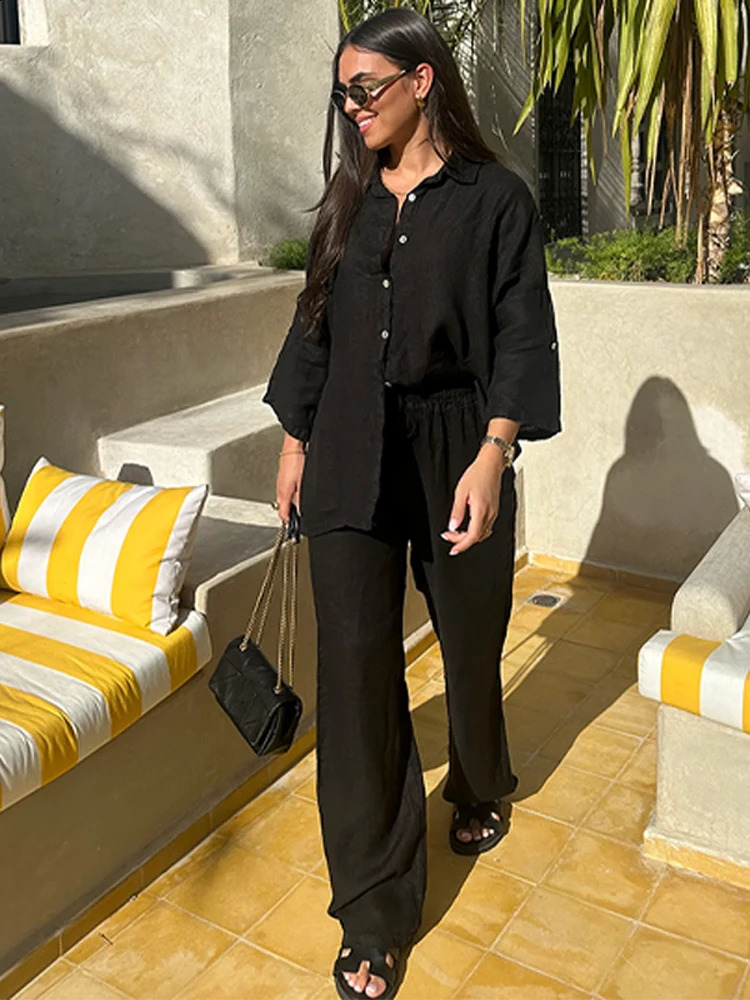 Casual Women Trousers Sets Lapel Single Breasted Long Sleeve Loose Top Wide Leg Pant Set 2025 Summer Cotton Linen Lady Suits 250724