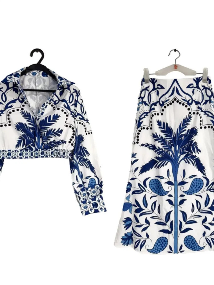 2025 Women Printed Two Piece Set Fashion Elegant Vintage V-neck Long Sleeve Cropped Top And High Waist Midi Skirt 2 Piece Sets 250728