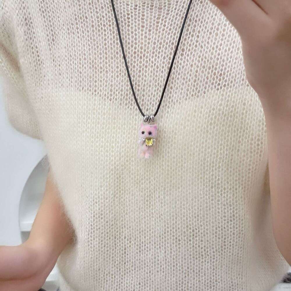 Cute Flocked Bear Sweater Chain New Niche Design Sense Autumn Winter Long Versatile Fun Cartoon Soft Adorable Necklace 068