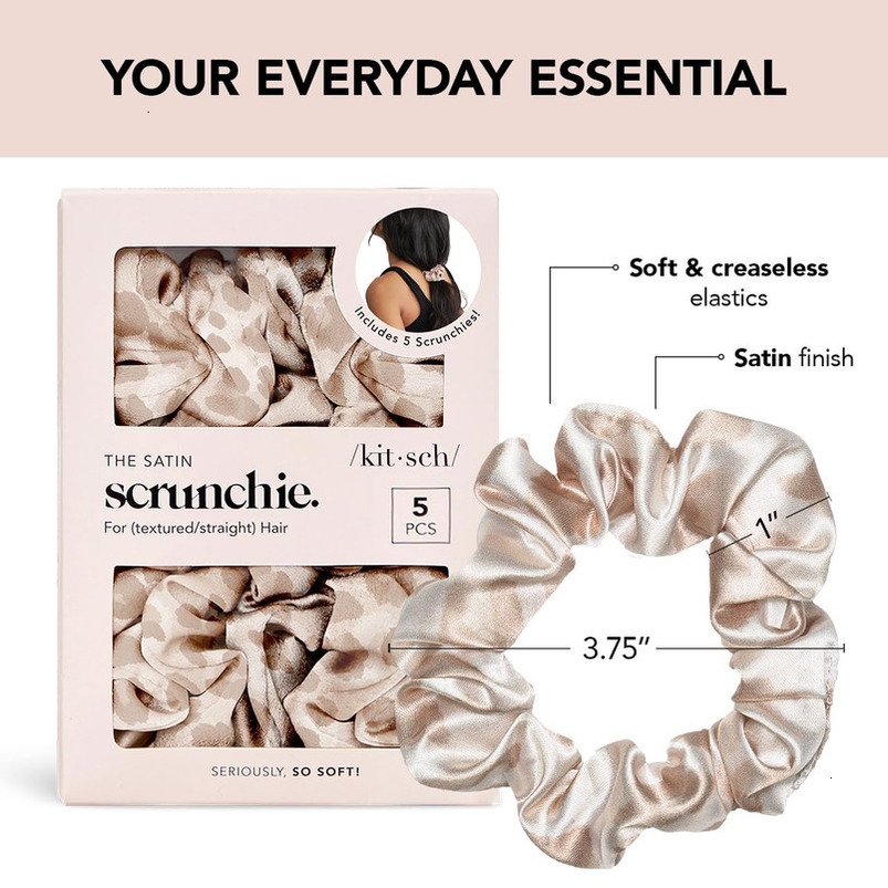 Kitsch Leopard Prints Satin Women No Crease Ties Girls, Scrunchies For All Hair Types and Textures, Perfect for Day or Night - 5 Pcs