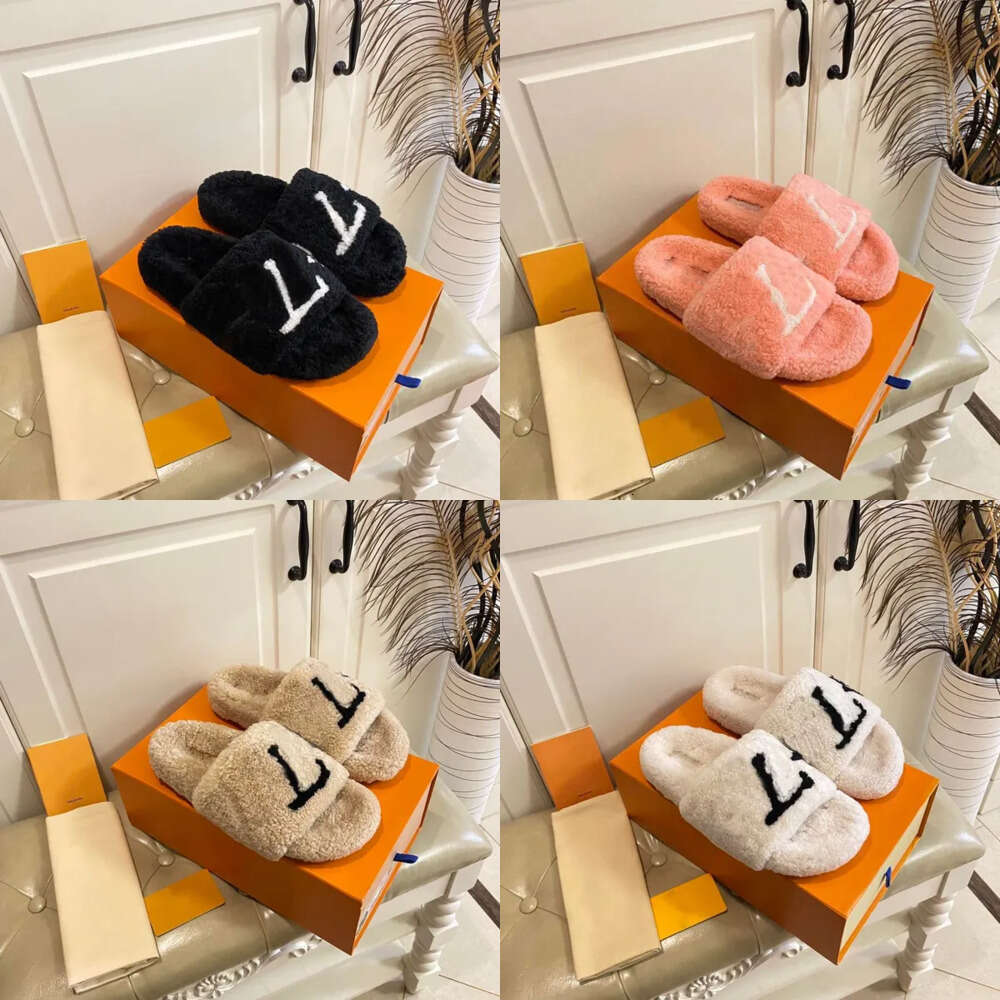Top Designer Women Furry Slippers Fur Slides Comfort Mule Fluffy Shoes Slip on Cloud White Black Pink Brown Green Womans Fuzzy Loafers Sliders Mules Slipper 4af