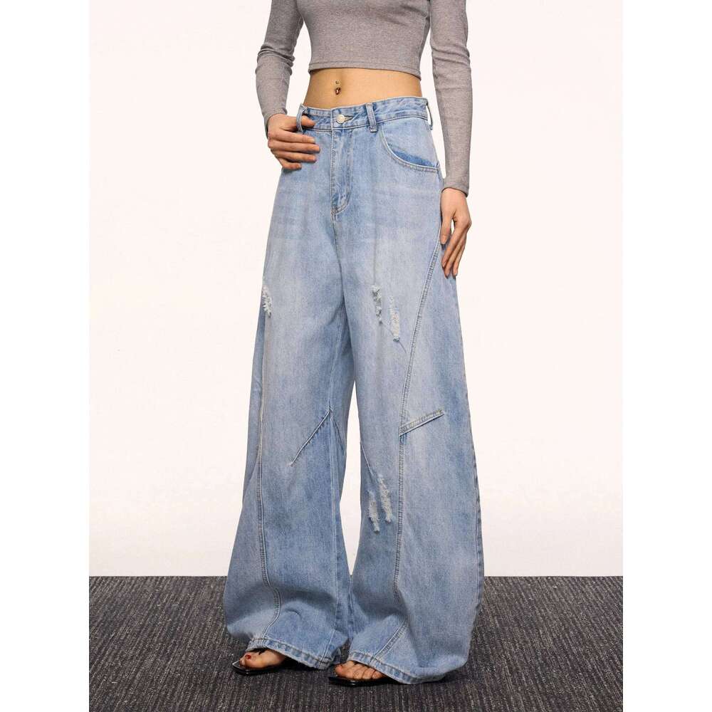 Design Sense Curved Knife Jeans For Women's Spring And Summer Korean Version Loose Straight Slimming Wide Leg Pants 250728