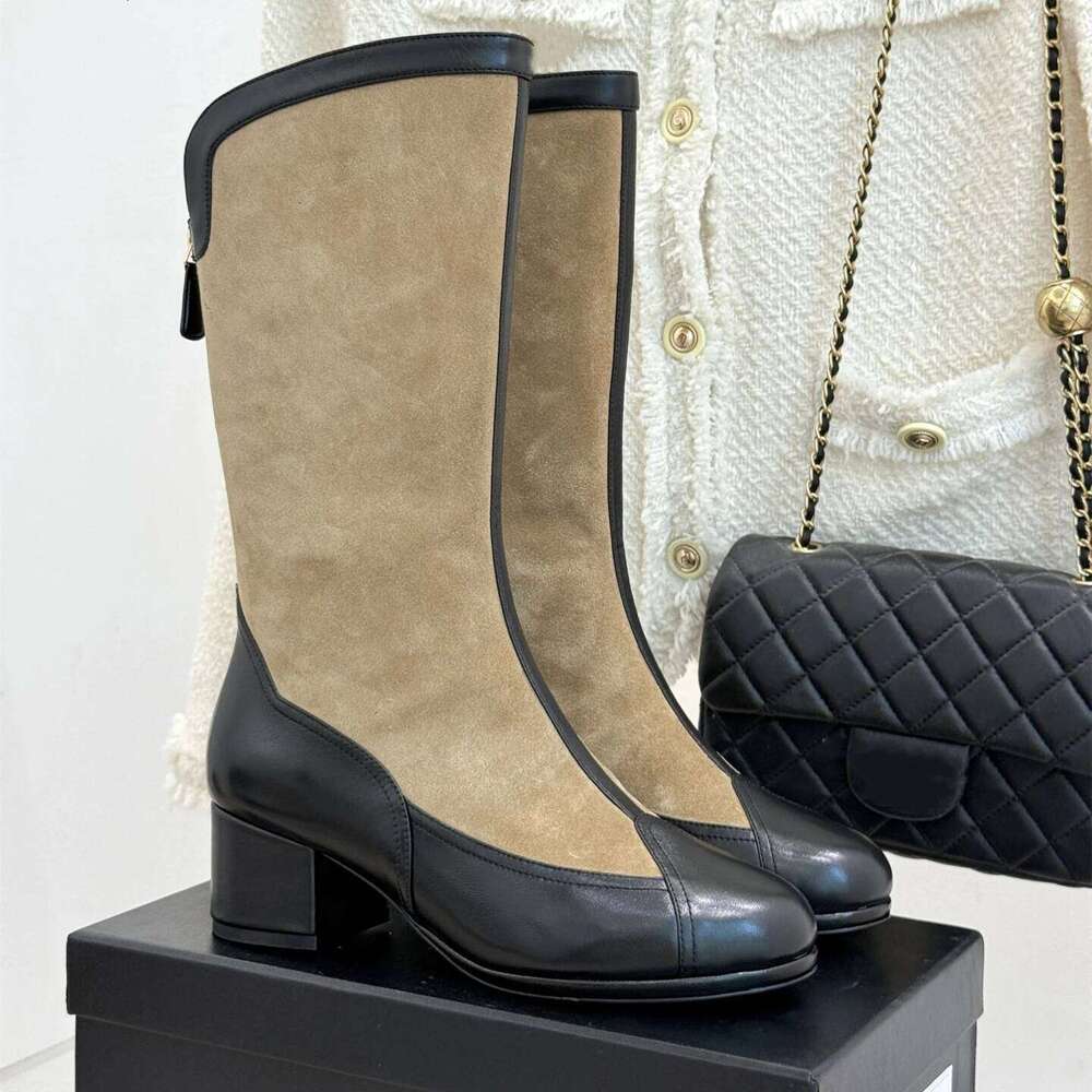 Women Size35-41 Genuine Leather Med Heels Natural Cow Suede Mid Calf Boots Zipper Designer Shoes Zapatillas De Mujer 5ef