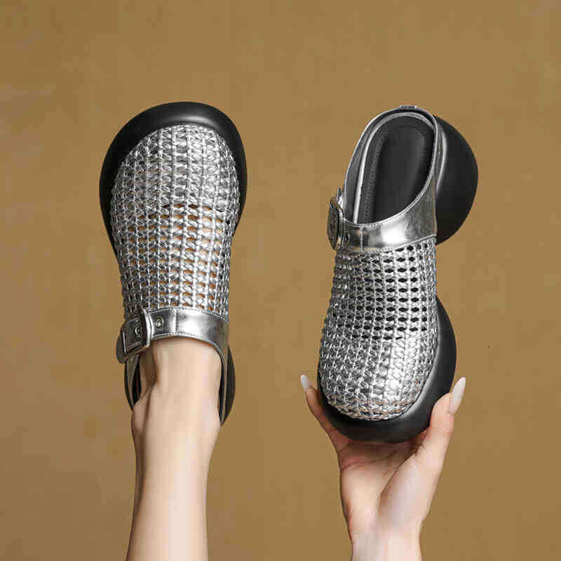 Genuine Leather Closed-Toe Half Slippers Woven Women's Casual Outdoor 2025 Summer New Fashion Sandals Platform Thick Sole Mesh Shoes