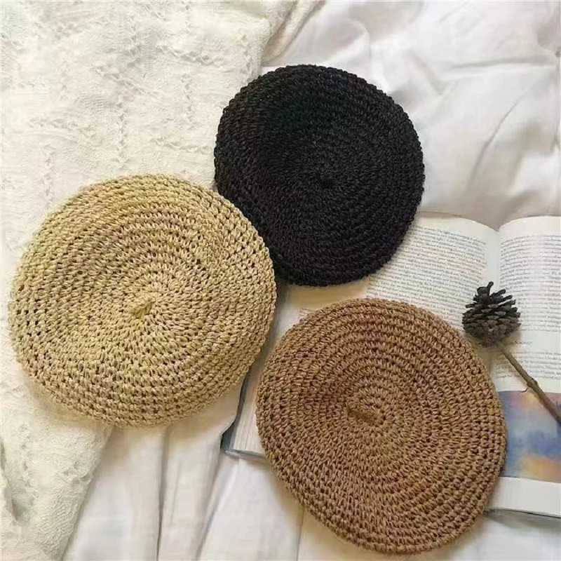 Summer Solid Color Beret For Women Ins Straw Crochet Fashion Hat Female Cool Cap Outdoor Spring Hat Boina Gift 250729