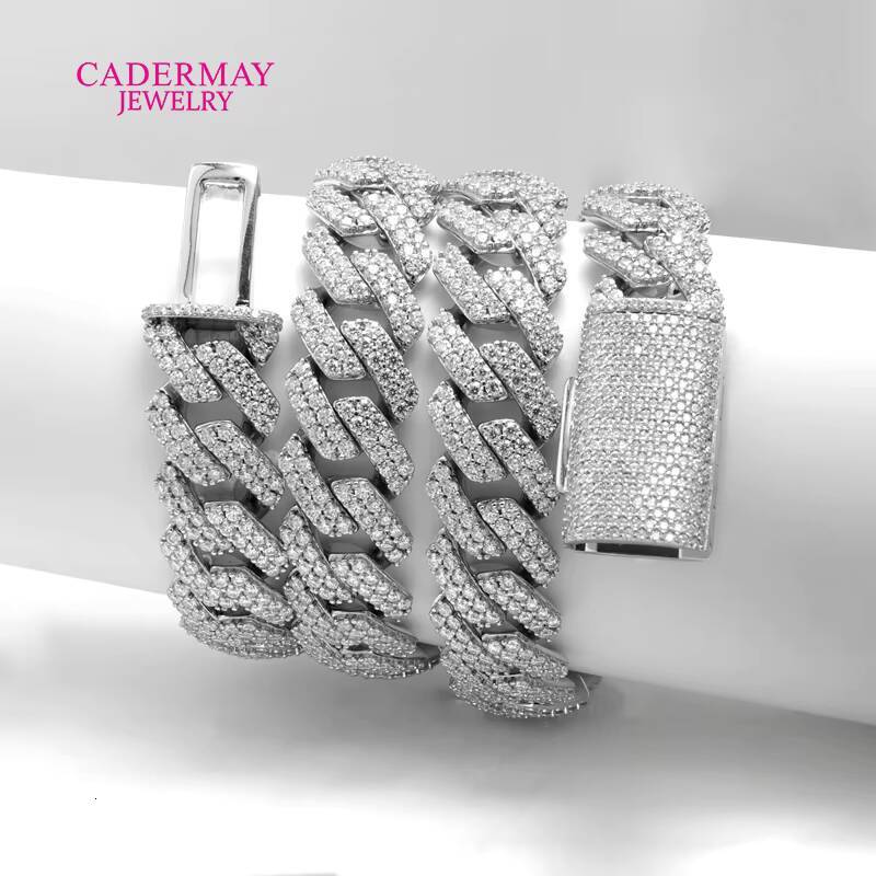Cadermay Iced Out Hip Hop Cuban Bracelet 14mm 2rows VVS Moissanite 925 Silver 14k Gold Plated Square Cuban Chain With Long Clasp